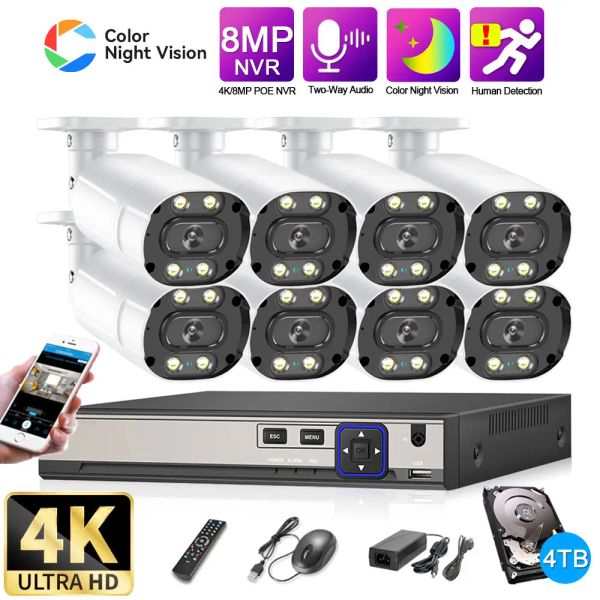 Sistema 8Ch 5MP 8MP 4K H.265 KIT POE NVR Sistema de seguridad CCTV Outdoor P2P Twoway Audio ColorVu Night Video Vigilancia Conjunto de cámara IP