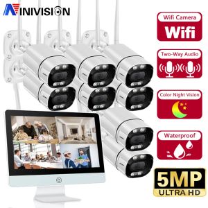 Système 8CH 5MP Kit de système CCTV sans fil WiFi NVR Monitor Camera Kit Twoway Audio Color Vision Night Vision WiFi IP Sécurité Caméra Système