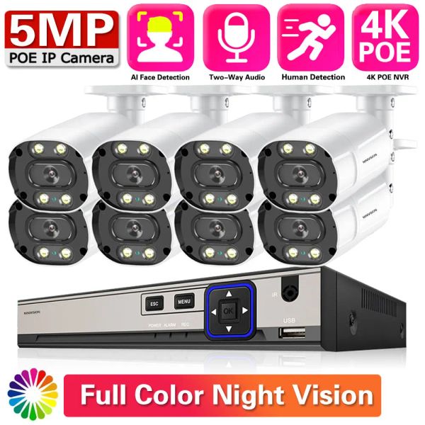 Système 8CH 8MP Video Security Surveillance 5MP Camera System Poe NVR Face Detect Bullet Bid Venture audio Two Way Couleur Night Vision