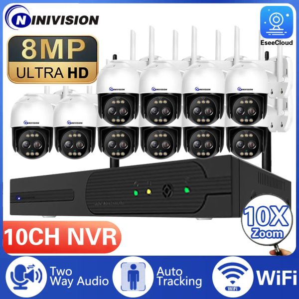 Système 8MP 10x PTZ Zoom Wireless CCTV System H.265 10ch NVR Set WiFi IP Camera Twoway Audio, AI Human Detection Video Subseillance Kit