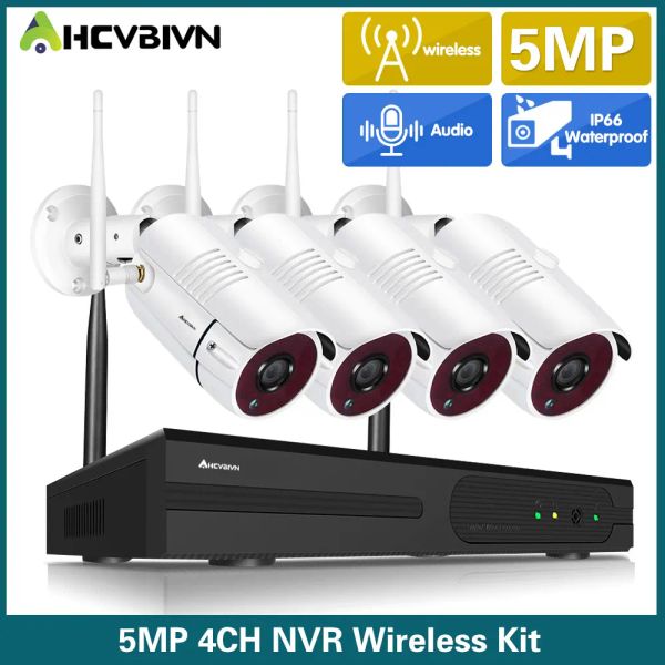 Sistema AHCVBIVN 4CH Sistema de CCTV inalámbrico H.265 5MP NVR Cámara de grabadores de video al aire libre Sistema de seguridad IP Wifi Kit de vigilancia