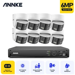 Système Annke 180 ° Panoramic Security Camera Kits System Kits 265+ 6MP Double Lens 2,8 mm IP Camera Poe CCTV Video Surveillance Outdoor Camera