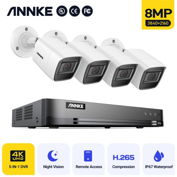 Sistema Annke 4K 8CH HD Ultra Clear Weates CCTV Security System 5in1 H.265 DVR con 4x 8MP Kit de video para el hogar resistente a la intemperie de 8MP al aire libre