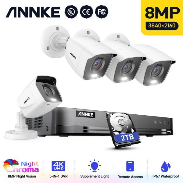 Système Annke 4K Ultra HD 8CH DVR Kit H.265 + CCTV Camera Security System 4pcs 8MP IR Outdoor Vision Vision Visizarié Camera Kits