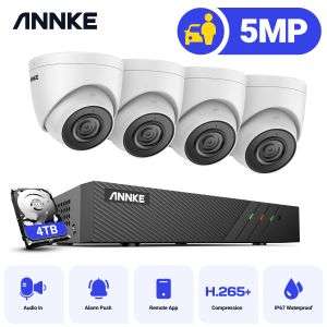 Systeem Annke 5MP H.265+ Super HD Poe Network Video Security System 4PCS Waterdichte Outdoor Poe IP -camera's Witte Dome Poe Camera Kit