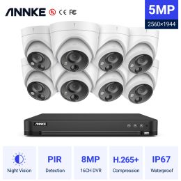 Systeem Annke H.265+ 8MP DVR 16CH 5MP CAMERA SUPER HD VIDEO BEVEILIG SYSTEEM 8PCS Weerbestendig Surveillance Camera's Kits PIR Detectie