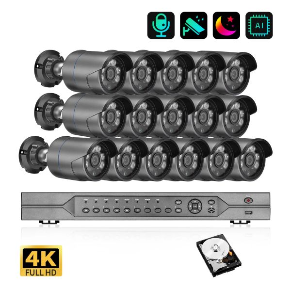 Sistema Azishn de 16ch 4K Ultra HD Cámara IP Conjunto de H.265 8MP NVR Vidio Kit de vigilancia al aire libre Visión nocturna de color impermeabilizante Camina CCTV CCTV