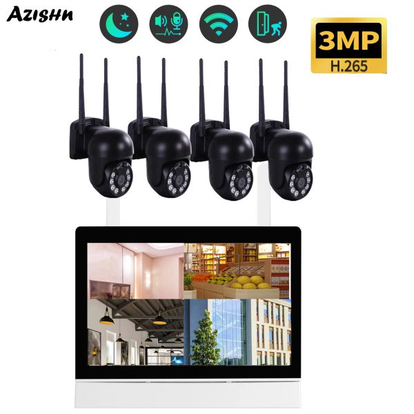 Sistema AzisHn 3MP Sistema de seguridad de cámara PTZ 4ch 7 pulgadas Touch LCD NVR Kit Wifi Video Camera de seguimiento automático Visión nocturna