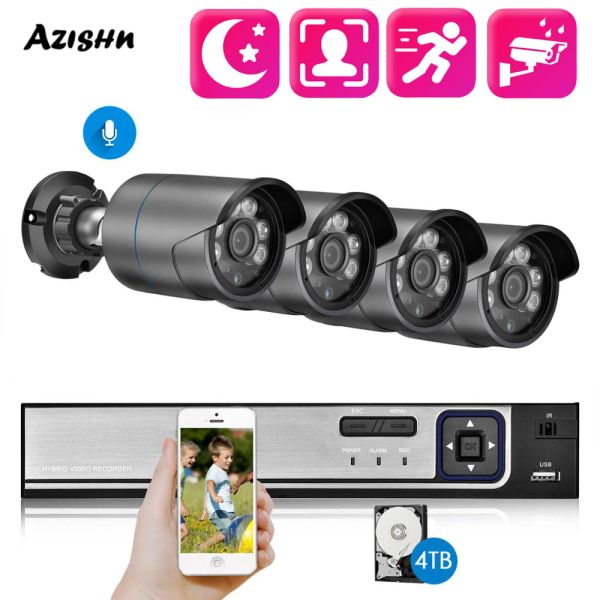 Système Azishn 4CH OUTDOOR VIDEO Sécurité de la sécurité Poe IP Camera Imperproping Night Vision Audio Kit