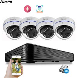 Sistema Azishn H.265 4CH 5MP POE SEGURIDAD NVR KIT 2592X1944 Detección de la cara Audio IP66 Vandalproof Dome IP Camera CCTV Recorder de video CCTV Set