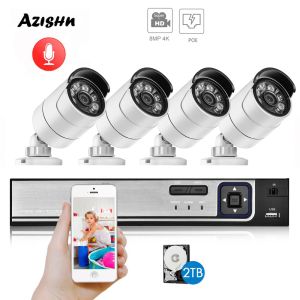 Système Azishn H.265 + 4CH 8MP 4K CCTV SYSTÈME POE NVR Kit 3840x2160 AUDIO APPERSER METAL IP CAME BULLET SYSTEM