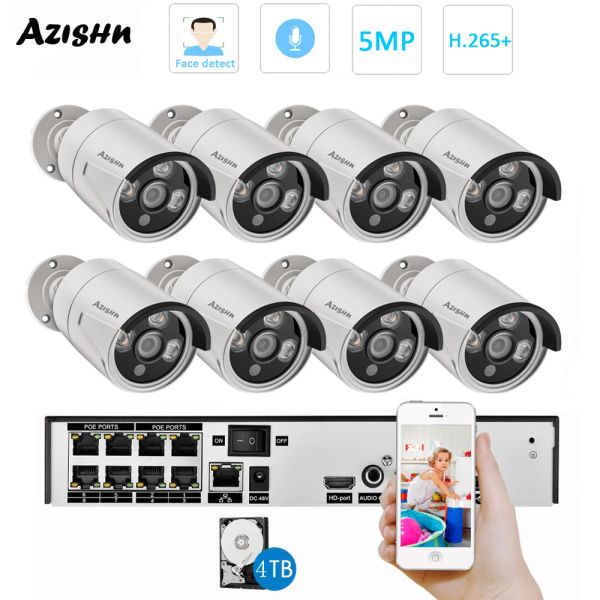 Système Azishn H.265 8CH 5MP POE Sécurité Camera Kit Système Face Détection Audio Record IP Camera Outdoor CCTV VIDEO VIDEO SETT NVR