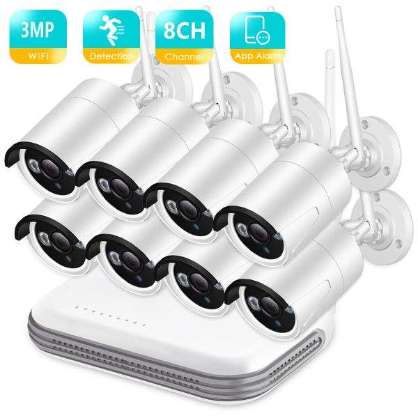 Système Besder 8ch Wireless CCTV System 3MP WiFi IP Camera AI Face Detection Mini NVR CCTV Kit infrarouge Vision nocturne Visitez la vidéo