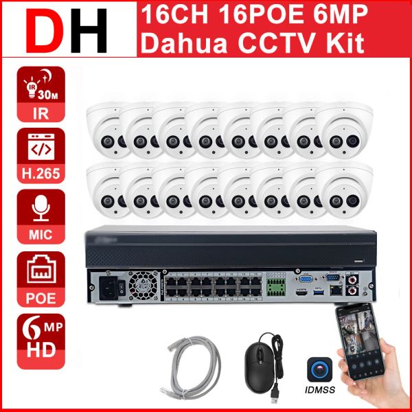 Système Dahua CCTV Kit 16CH 16POE NVR421616P4KS2 6MP HD IPCHDW4631CA APPLICATION MIM IP67 H.265 Système de surveillance CCTV