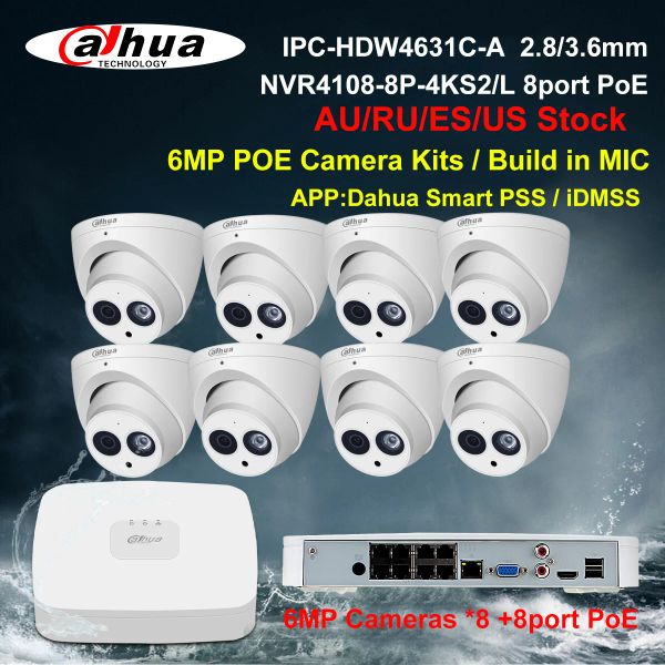 Sistema Dahua Security Camera Sistema 6MP Poe CCTV Kit IPCHDW4631CA NVR410888P4KS2 Registrador NVR NVR 4/8pcs Cámara IP Construcción en micrófono