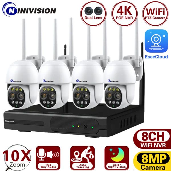 Sistema Dual Lente 10x PTZ Zoom 4K Wifi Camera CCTV Sistema de seguridad Wireless NVR Conjunto de videocivilancia de cámara de seguimiento automático al aire libre Kit de vigilancia