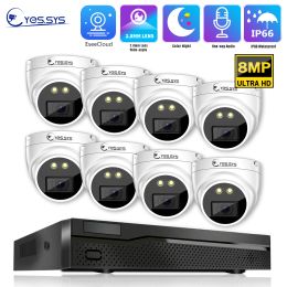 Systeemogen.SYS 8pcs 8mp HD 2,8 mm brede lens Audio Outdoor Color Night Vision Poe Dome Security Camera 8ch 8mp 4K Poe NVR Systeem 4TB HDD
