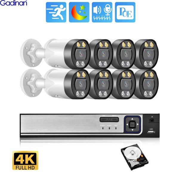 Sistema Gadinan 4K Cámara de seguridad Sistema POE 8MP Twoway Audio Color Night Video Video CCTV Record Camera de IP Outdoor Set de 8 CH Kit NVR