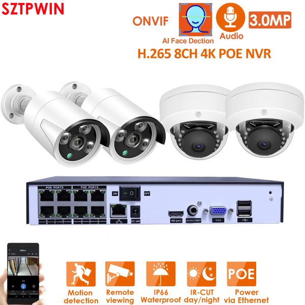 Système H.265 + 8CH 3MP POE Sécurité Camera Kit Système Record Audio RJ45 Détection de visage IP IR IR OUTROOR EMPRÉPERSIR CCTV VIDEO VIDEO