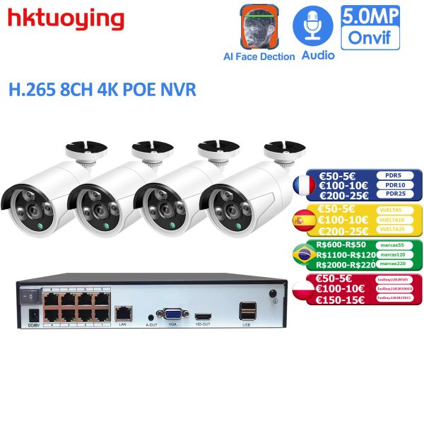 Sistema H.265+ 8CH 5MP Poe Security Camera de seguridad Sistema Kit de audio Registro RJ45 3MP4MP IP Cámara IP Outdoor Video CCTV Video NVRFace Detección