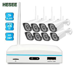 Système Kit de surveillance WiFi Hesee CCTV Home Security Camera System Wireless 8CH NVR Set Outdoor H.265 + 3MP Reconnaissance de visage Cloud P2P