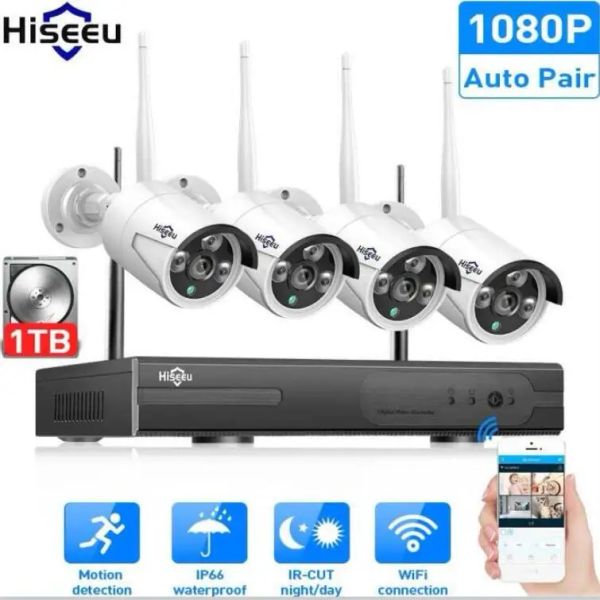 Sistema Hiseeu 8ch Wireless NVR 2MP CCTV System Kit 2MP 3TB 1080P Outdoor IR Night Vision IP Wifi Cámaras de seguridad Cámaras Vigilancia