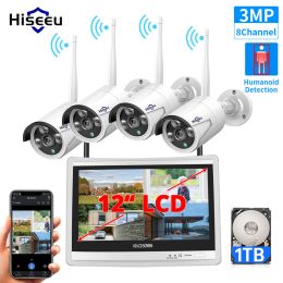 System HisEeu tout en un avec 12 "LCD Monitor Camera sans fil Caméra de sécurité Système Home 8ch 3MP Kit NVR 4PCS 1536P Cameras IP en plein air H.265 +