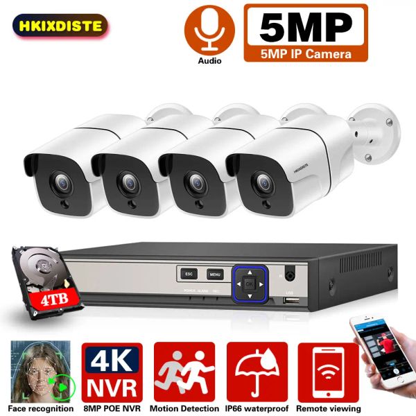 Sistema HKIXDISTE Face Detection H.265 4Ch 4K 8MP NVR CCTV Sistema 4 canal 5.0 MP IR Kit de vigilancia de cámara de seguridad de seguridad para el clima para el exterior