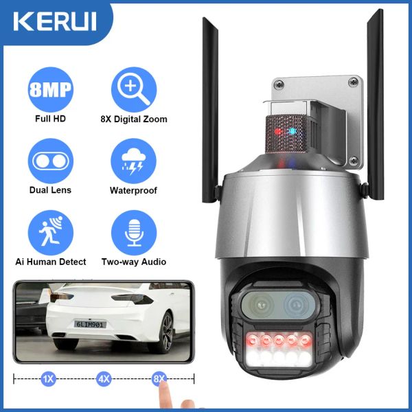 Sistema Kerui 8MP Cámara IP 4K PTZ para cámara IP de doble lente al aire libre 8x Cámara de domo de zoom de zoom con alarma de sirena antitheft AI Seguridad de seguimiento automático