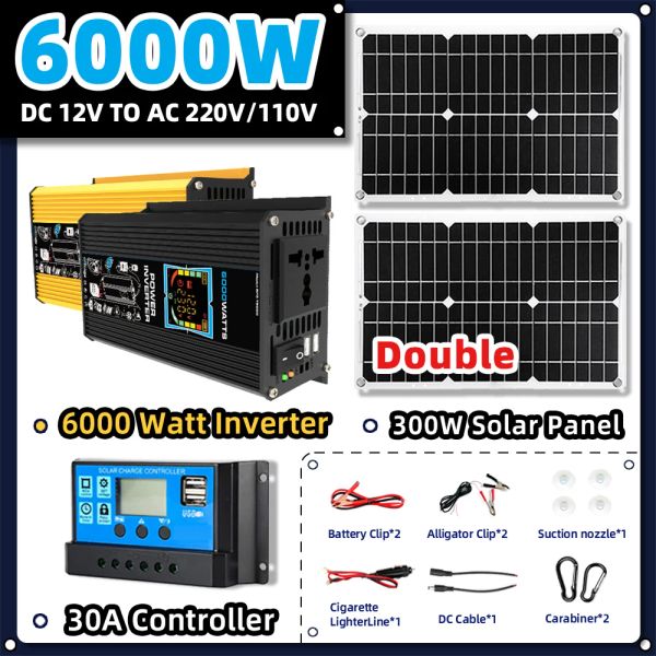 Kit de sistema Inverter 6000W Panel solar 300W 18 V Cargador exterior portátil Resultado de energía Almacenamiento de energía Controlador solar 30 A Camping