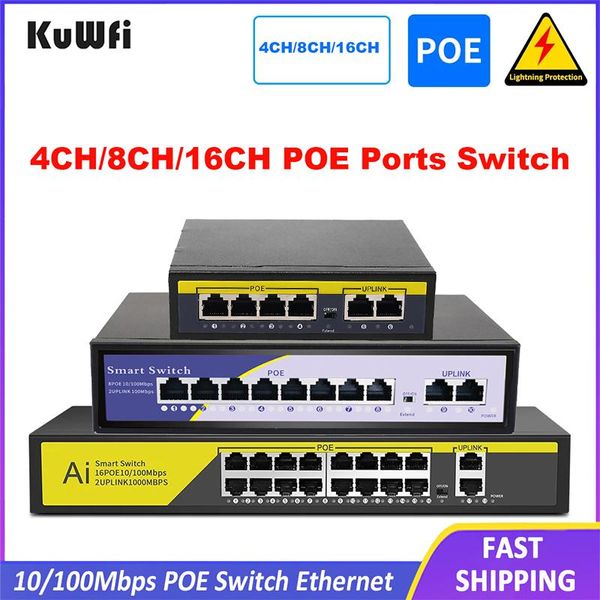 Sistema KUWFI 48V 4/8/16 Puertos Poe Switch Ethernet 10/100Mbps IEEE 802.3 AF/AT para cámara IP/Sistema de cámara de seguridad CCTV/AP inalámbrico