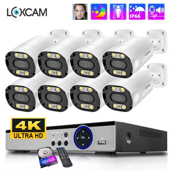 Sistema Loxcam 10ch 8ch Poe NVR Kit 4K Security Camera System 8MP 4MP AI FACEHUMAN Detect Set de vigilancia de audio al aire libre
