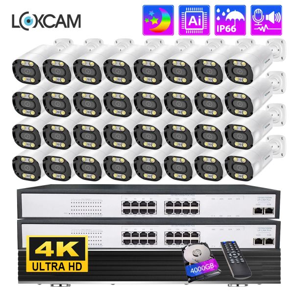 Sistema Loxcam 32CH 4K Camera de seguridad CCTV Sistema 8MP Poe NVR Kit 4K Audio dos vías Cámara de video vigilancia a todo color al aire libre