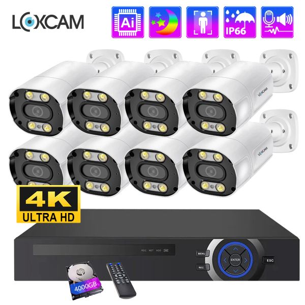 Sistema Loxcam 8CH CCTV Sistema de 10ch Poe NVR Kit 4K 8MP AI Human Detect Audio Audio Outdoor Color Night Camera Video Vigilancia Set