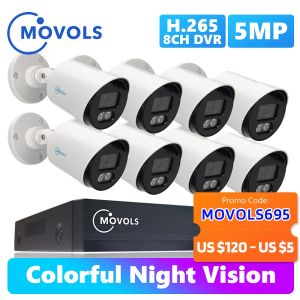 Système Movols 5MP Système de surveillance de vision nocturne colorée 8CH H.265 + P2P DVR extérieur Home Home CCTV Camera Security System Système