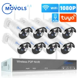 Systeem Movols H.265 2MP draadloos CCTV -systeem 8ch Tuya Zigbee NVR 8pcs 1080p Outdoor WiFi Security Camera Audio Surveillance System Set