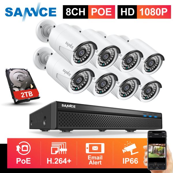 Sistema Sannce 1080p 8CH FHD POE Network Sistema de seguridad de video de red 8*1080p Cámaras a prueba de meteorencia con LED IR inteligente Kit de vigilancia de CCTV