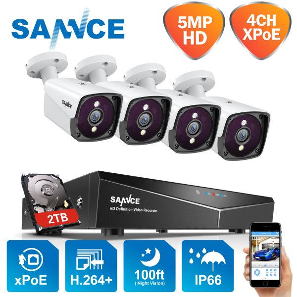 Sistema Sannce 4CH 5MP Sistema de seguridad de video POE 5MP Cámara de vigilancia inalámbrica de Visión IP de visión por infrarrojos de infrarrojos al aire libre