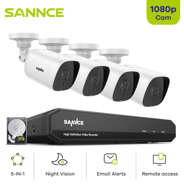 Sistema Sannce 4CH DVR CCTV System 4PCS 2MP IP66 Cámaras de seguridad al aire libre impermeables 1080p TVI CCTV DVR 1280TVL Kit de vigilancia