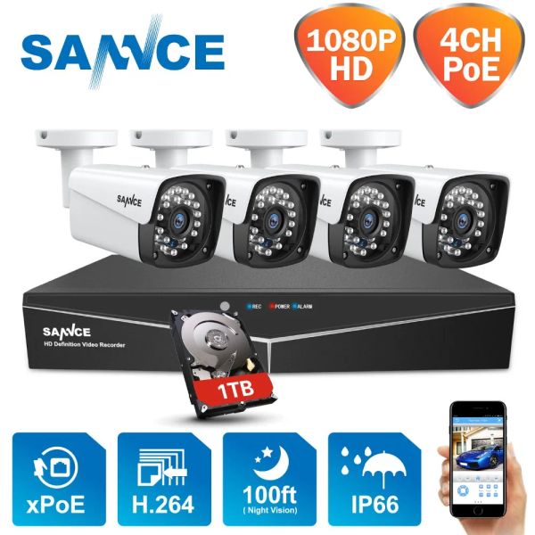 Sistema Sannce 4CH XPOE 1080P NVR CCTV Kits de video vigilancia 4pcs 2MP 1920*1080 Cámara IP de seguridad interior/exterior resistente a la intemperie 1TB HDD