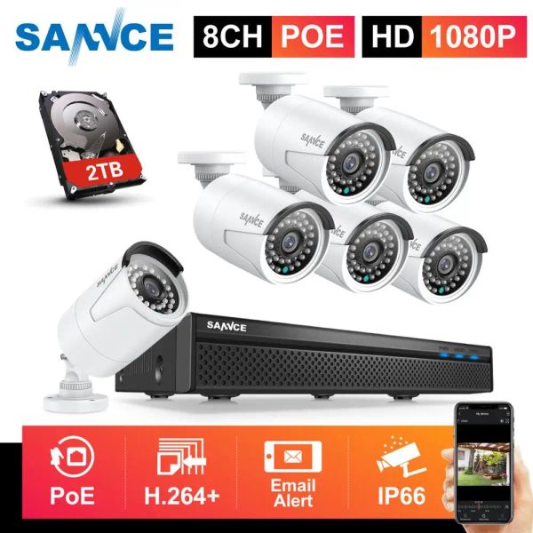 Sistema Sannce 8CH 1080P FHD POE Sistema de seguridad de video de red Poe con 6 piezas 2MP CCTV Cámara IP de resistencia a la intemperie al aire libre Micrófono integrado