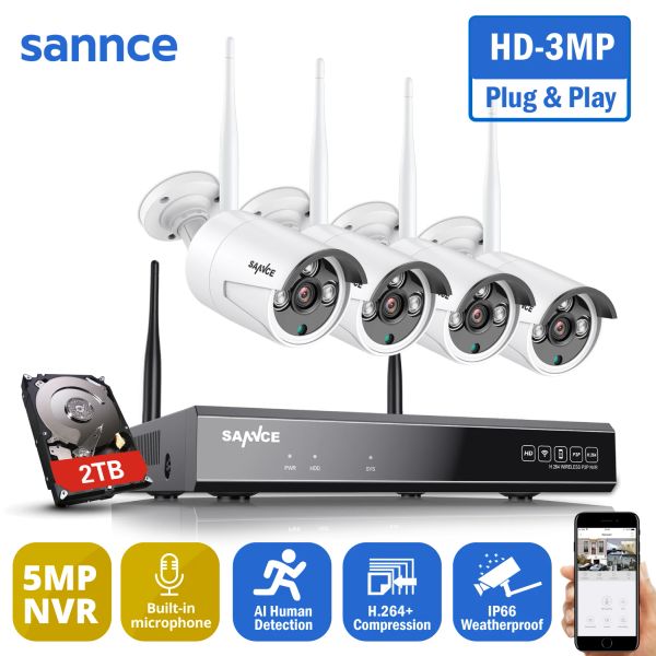 Sistema sannce 8ch 5mp wifi nvr 4pcs 3mp ir al aire libre CCTV CCTV IP inalámbrico Cámara de seguridad Sistema de video vigilancia Kit