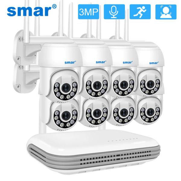 Sistema SMAR 3MP Cámara inalámbrica CCTV Sistema 8 CH WiFi NVR Kit de vigilancia de video H.265+ HD Playback inteligente TOW AUDIO ICSEE Aplicación