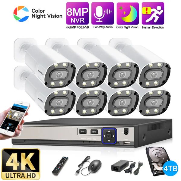 Sistema Super HD CCTV 4K POE NVR Kit del sistema de seguridad de la cámara doméstica 8 CH Outdoor Color Night Vision Bullet IP Camera de vigilancia Video Vigilancia
