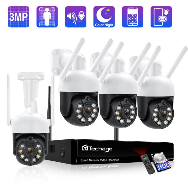 Sistema Techage 3MP H.265 8CH Video Vigilance Set PTZ Smart AI Security Camera inalámbrica Kit NVR Tracking Auto Audio Color Night Night