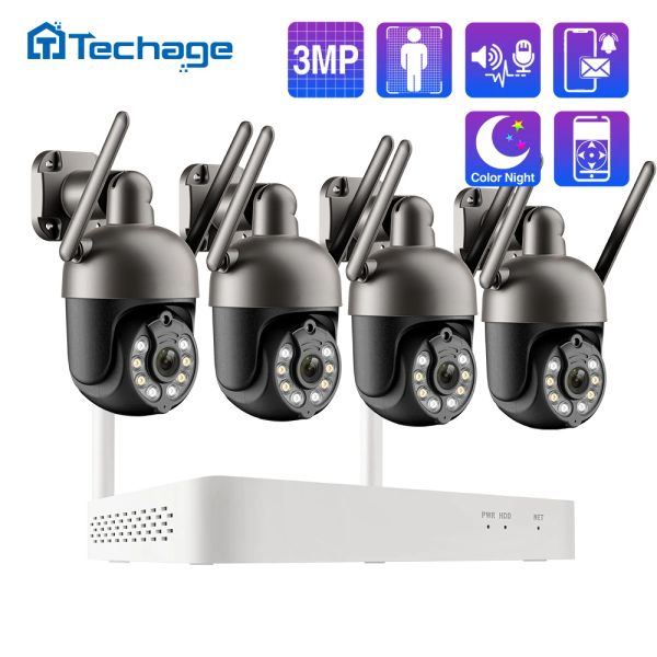 Sistema Techage 3MP TUYA NVR PTZ Sistema de CCTV inalámbrico Audio Audio Wifi IP Security Camera 8CH P2P Video Vigilancia Kit Human Detect