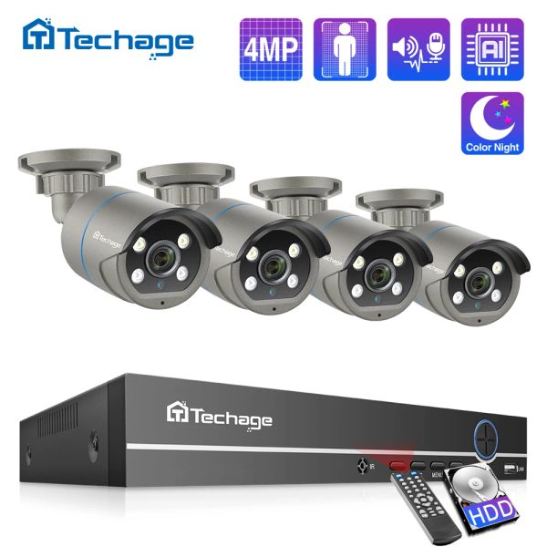 Sistema Techage 8CH 4MP H.265 HD POE NVR Kit CCTV Sistema de seguridad 1080p IR Outdoor Twoway Audio Record IP Camera Video Vigilancia Conjunto de vigilancia