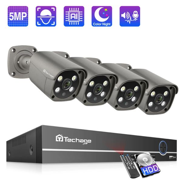 Sistema Techage 8CH 5MP Poe NVR IP Camera System ai Human Detected Twoway Audio Audio Security Security Conjunto Kit de vigilancia CCTV CCTV