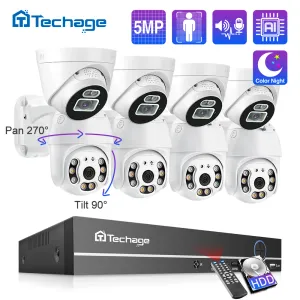 Sistema Techage 8CH 5MP Video Seguridad Vigilancia Sistema de cámara Poe NVR Kit Face Detect Dome Indoor Two Way Audio Recorder Color Noche