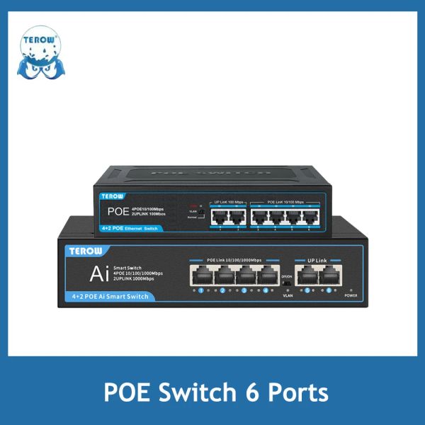 Sistema Terow Poe Switch 6port 100/1000Mbps Gigabit Ethernet Switch Switch de red rápida sin administrar para el sistema de seguridad de la cámara del enrutador WiFi